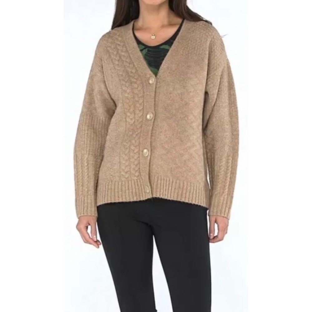 CAbi Tan cable-knit Neighbor Cardigan classic V-neck relaxed button-front desigm